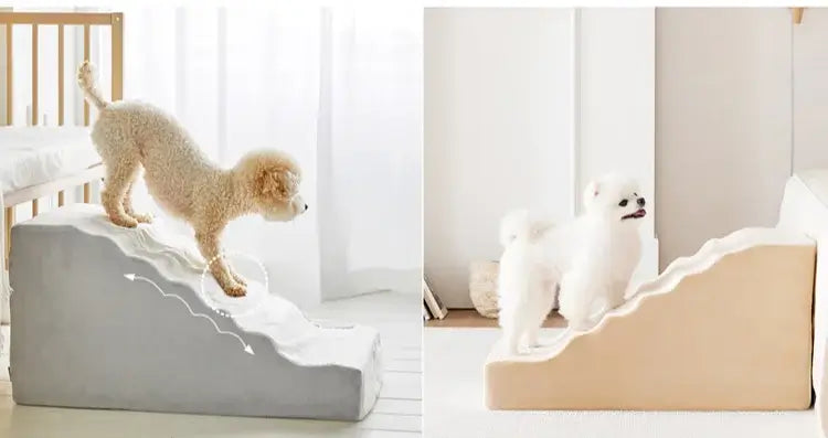 Anti-slip dog stairs for small dogs shown in grey and beige, aiding small pets in access to high places.
