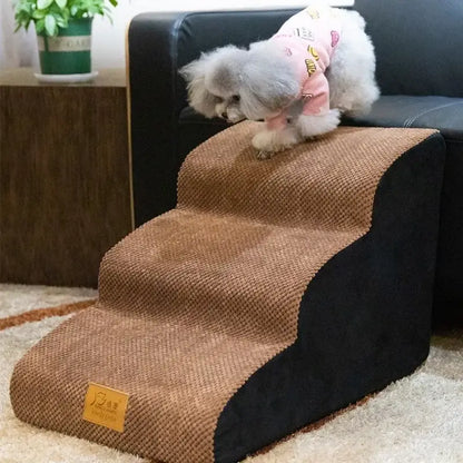 Small dog using anti-slip dog stairs for small dogs to reach a couch safely and easily.