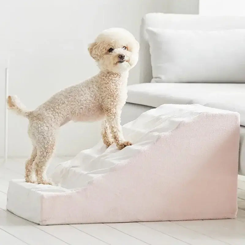A small dog using anti-slip dog stairs for small dogs inside a cozy home environment.