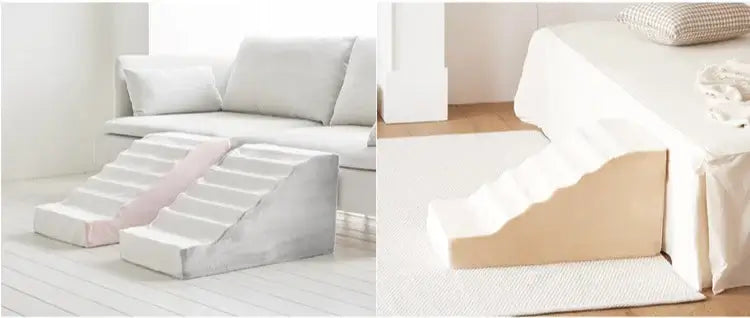 anti-slip dog stairs for small dogs displayed in a living room and bedroom setting, designed for easy pet access.