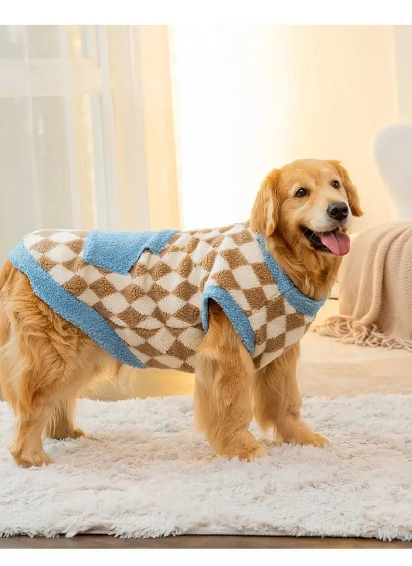 Blue plaid large dog fleece coat for Golden Retriever, warm autumn winter dog vest sweater for big dogs