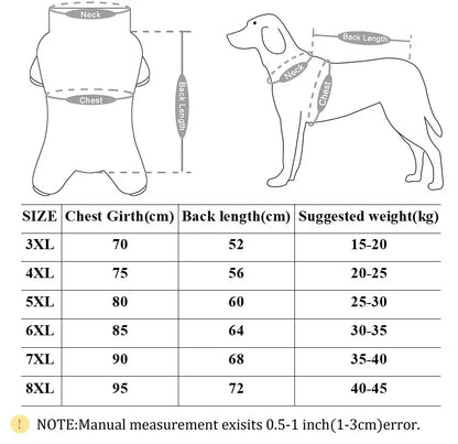 large dog fleece coat size chart for 3XL to 8XL with chest girth, back length, and suggested weight