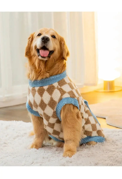 Golden Retriever wearing a large dog fleece coat with plaid diamond pattern for warm autumn and winter comfort