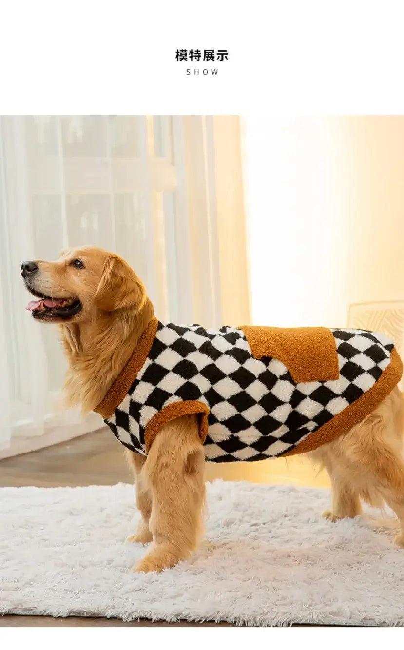 large dog fleece coat for big dogs, black and white plaid warm vest for golden retriever in autumn and winter