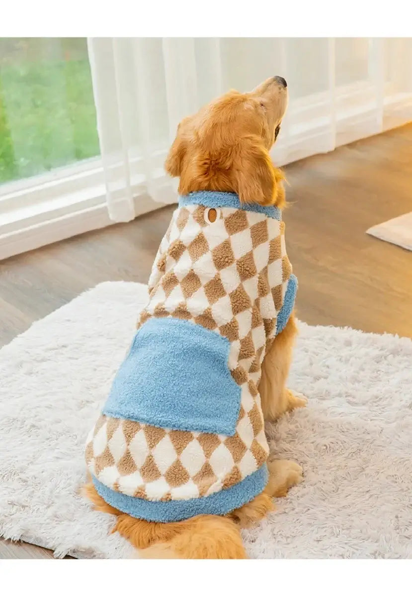 large dog fleece coat for big dogs, warm plaid pet hoodie with blue trim for autumn and winter