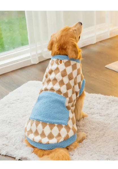 large dog fleece coat for big dogs, warm plaid pet hoodie with blue trim for autumn and winter