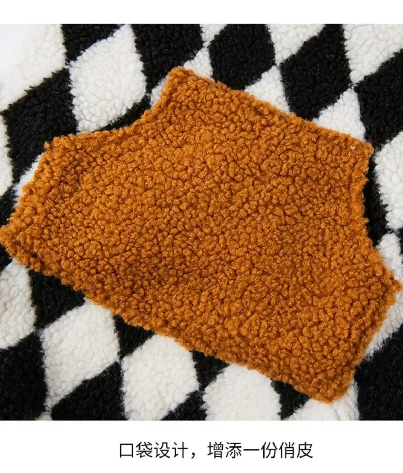 large dog fleece coat in warm orange plush fabric for autumn and winter, cozy plaid pet sweater