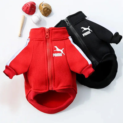 Baseball dog jacket red and black pet sweatshirt for small dogs, featuring sporty zip-up style and Puma logo