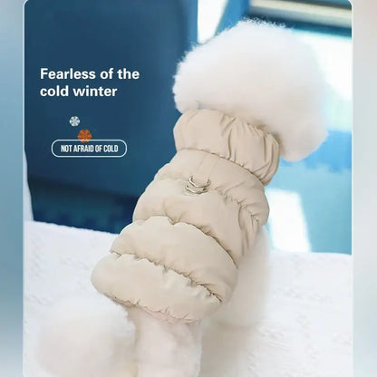 cotton dog jacket for small dogs, warm padded winter pet coat with straps, fluffy beige dog outfit