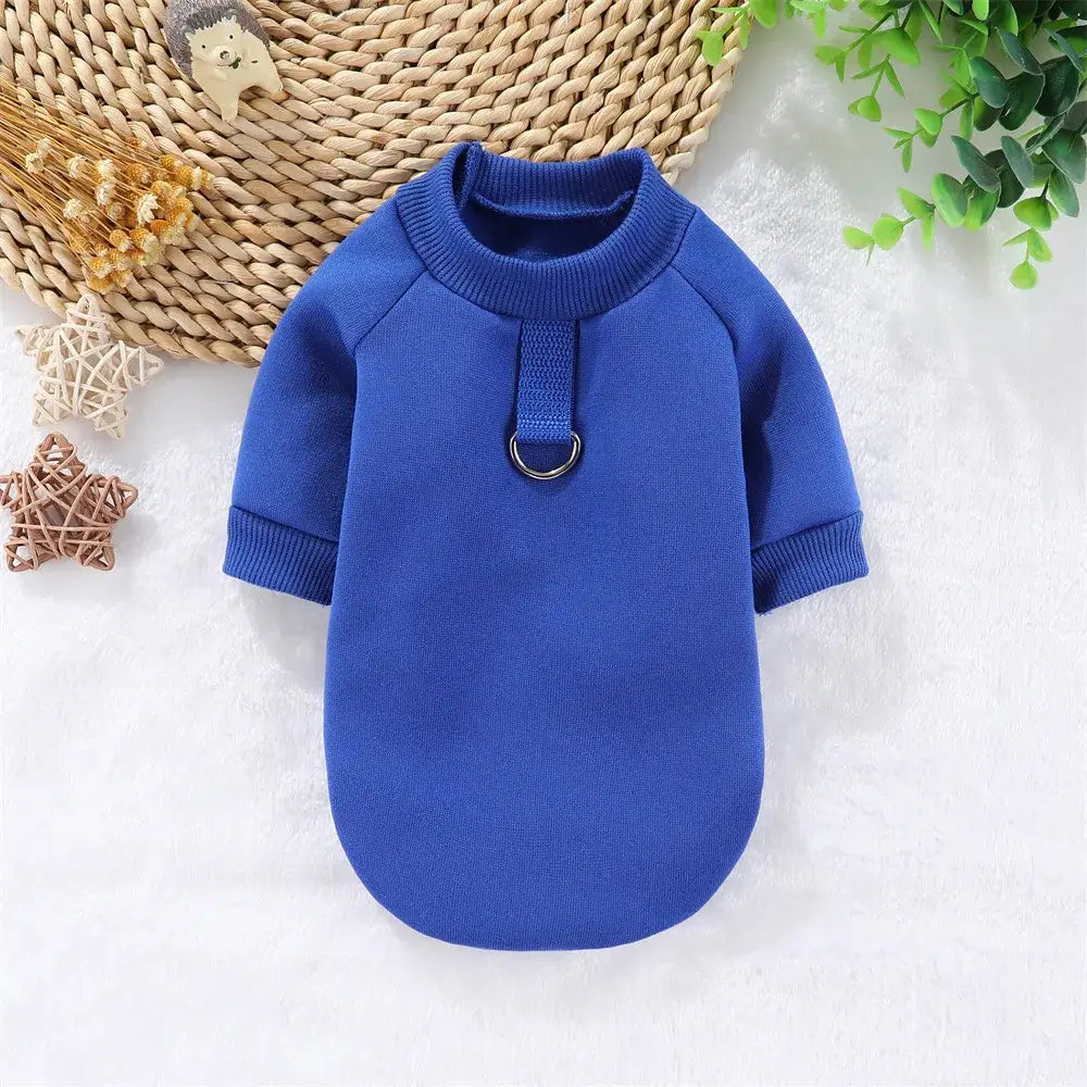 Blue dog winter hoodie for small dogs, solid pullover sweater with ring detail, warm pet sweatshirt for winter