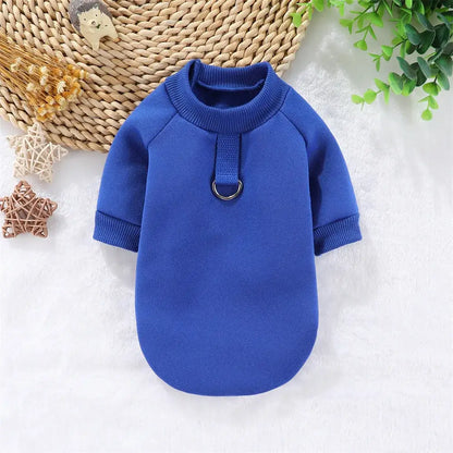 Blue dog winter hoodie for small dogs, solid pullover sweater with ring detail, warm pet sweatshirt for winter