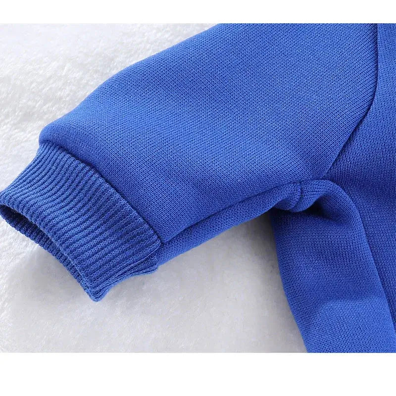 Blue dog winter hoodie for small dogs, warm solid pet sweatshirt with ribbed cuff, soft winter clothing