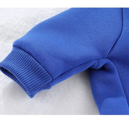 Blue dog winter hoodie for small dogs, warm solid pet sweatshirt with ribbed cuff, soft winter clothing