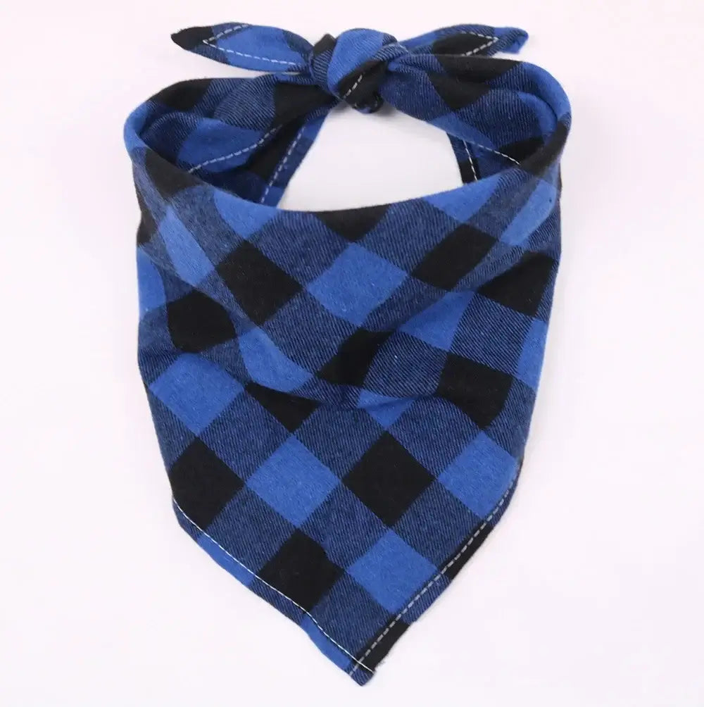 Blue cotton dog bandana with plaid pattern and bow tie design, soft washable pet scarf for dogs and cats