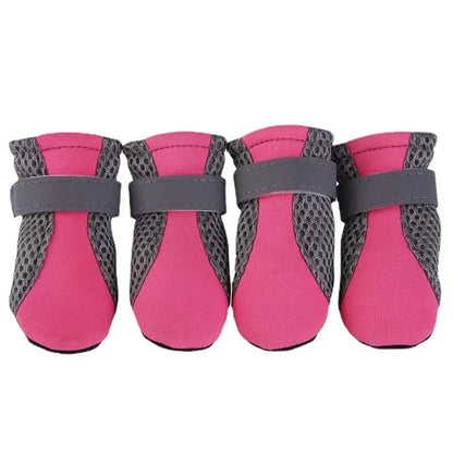 Breathable waterproof dog shoes in rose red and gray, perfect for outdoor walks and nighttime safety for small-medium dogs.