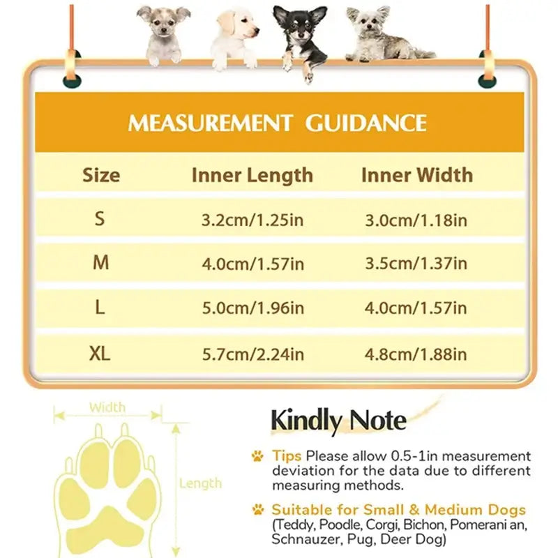 Size measurement guide for breathable waterproof dog shoes, suitable for small and medium dogs with inner length and width details.