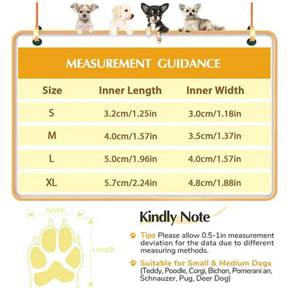 Size measurement guide for breathable waterproof dog shoes, suitable for small and medium dogs with inner length and width details.