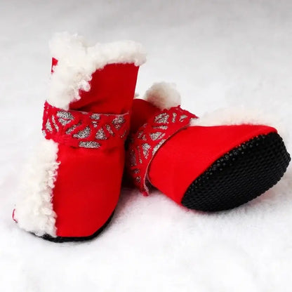 waterproof winter dog shoes red anti-slip pet boots with thick fur trim for snow and rain protection
