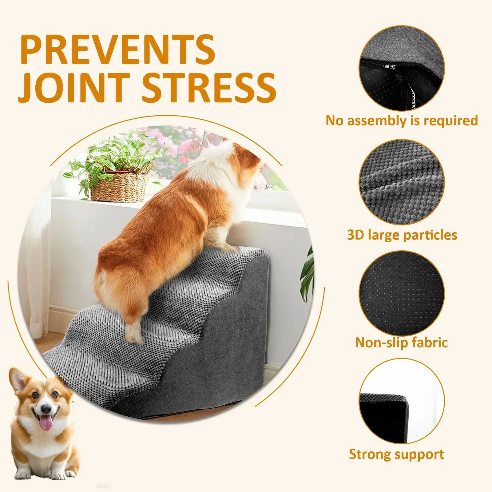 Curved dog stairs ramp designed to prevent joint stress for small dogs with non-slip fabric and large particle texture.