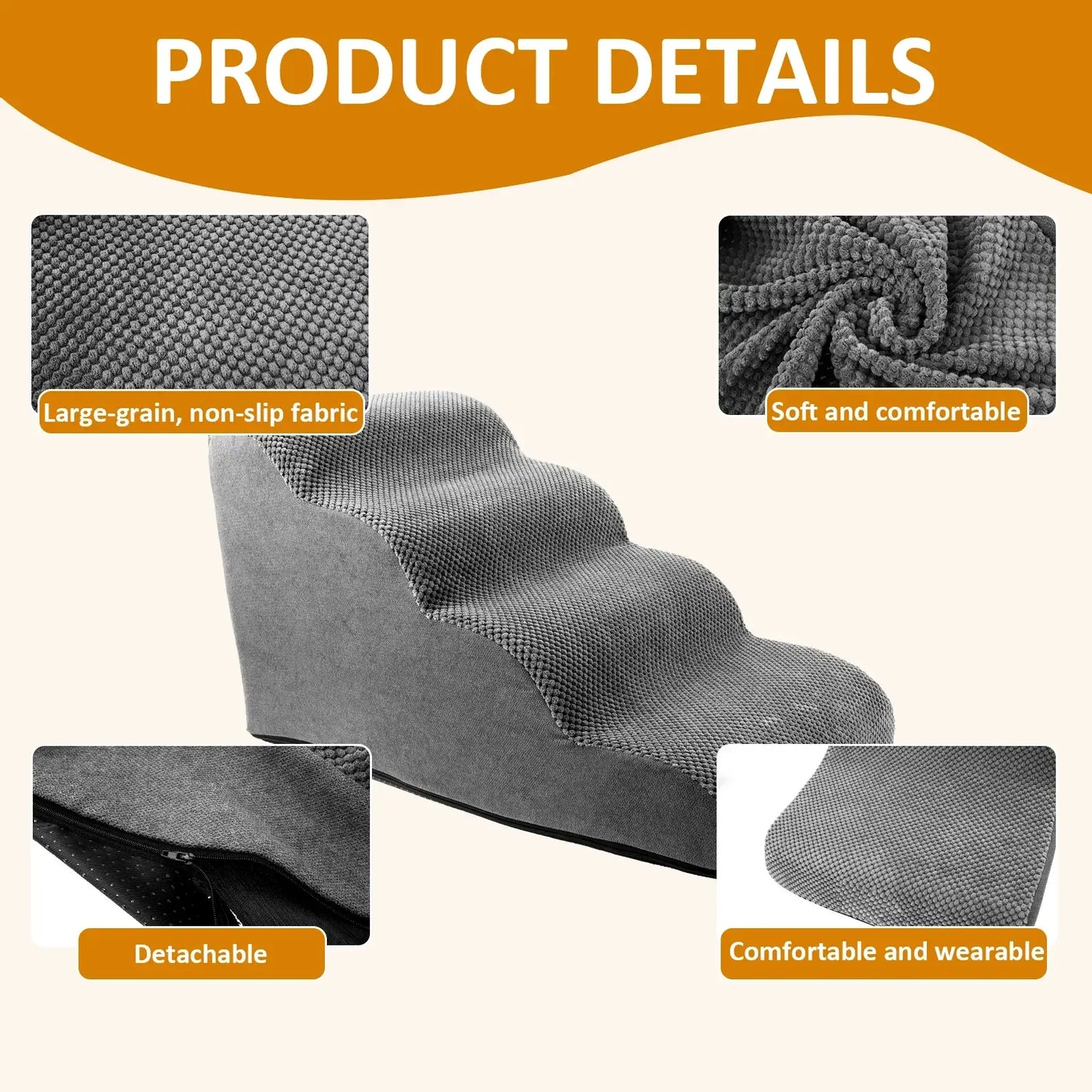 Curved dog stairs ramp with large-grain non-slip fabric, soft and comfortable design, and detachable features.