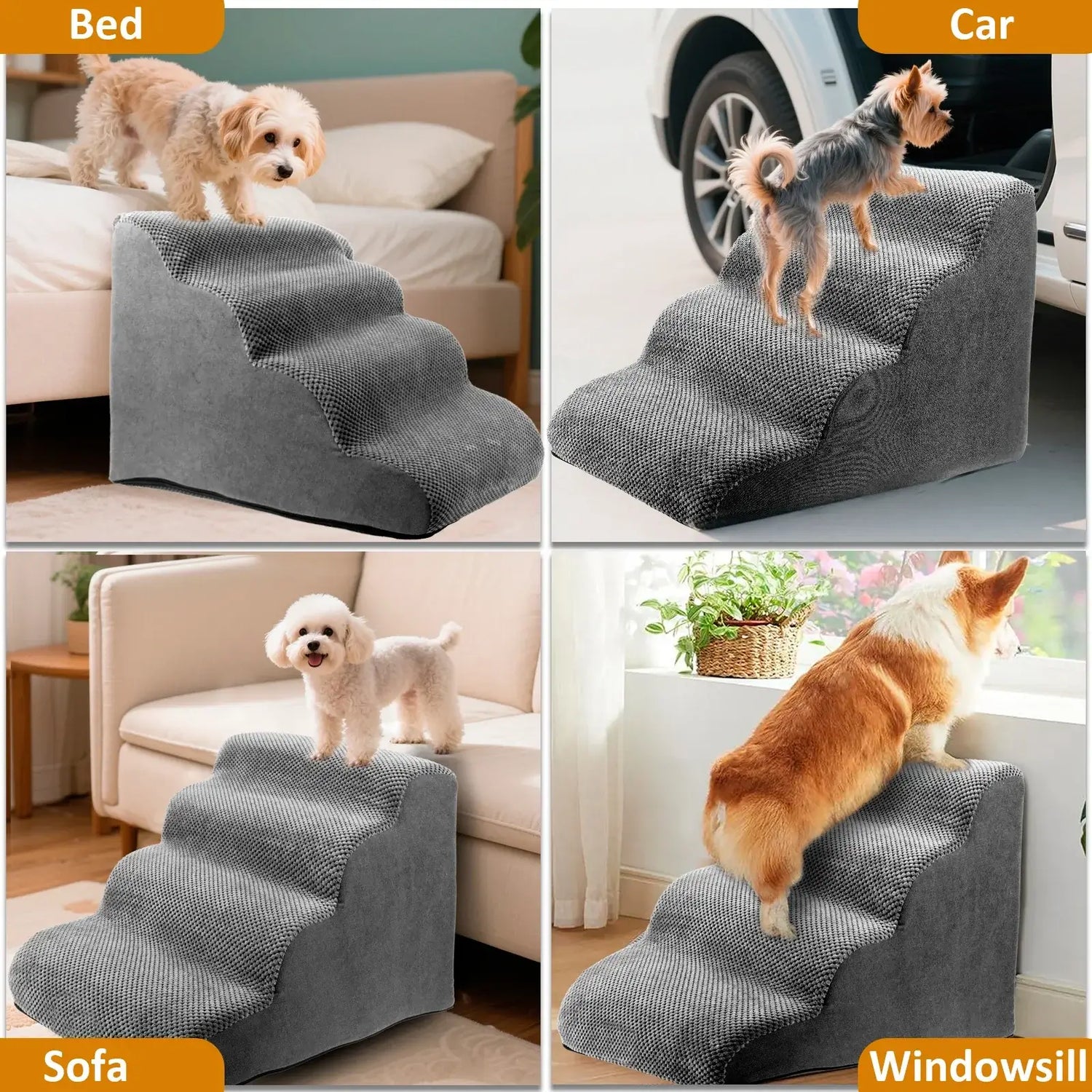Curved dog stairs ramp showcasing versatility for bed, car, sofa, and windowsill use, designed for small pets.