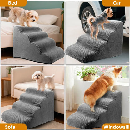 Curved dog stairs ramp showcasing versatility for bed, car, sofa, and windowsill use, designed for small pets.