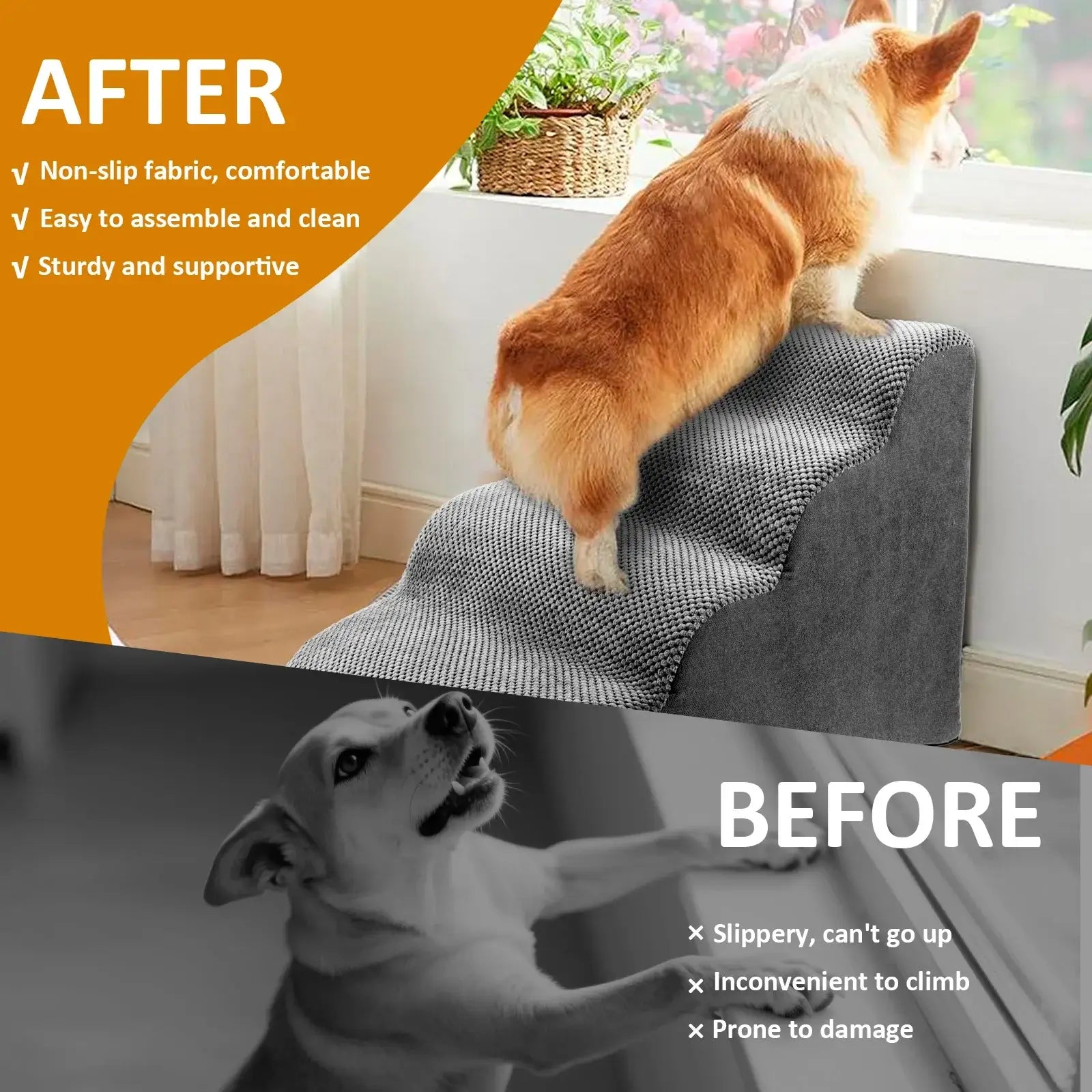 Curved dog stairs ramp helping small dogs climb high beds and sofas with a non-slip surface for safety and comfort.