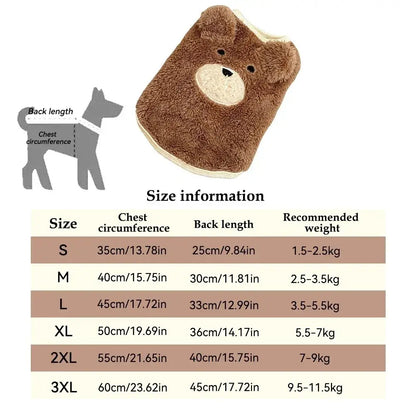 bear dog sweater vest size chart for small dogs and cats, soft warm fleece plush cartoon pet clothes