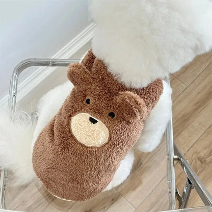 Brown bear dog sweater vest with fluffy 3D cartoon bear design for small dogs, cats, puppies, and kittens