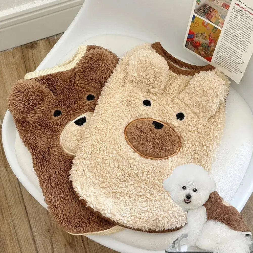 Cute bear dog sweater vest for small dogs and cats, soft warm fleece plush cartoon pet clothes for winter and autumn