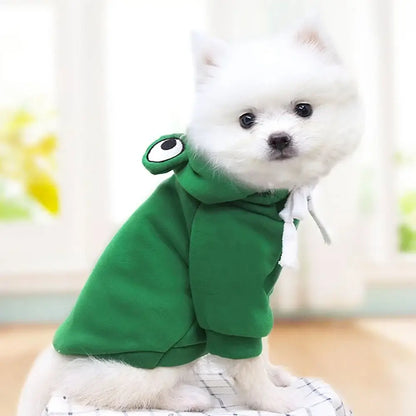 dog winter sweatshirt for small dogs, green hooded two-leg pullover costume, warm soft autumn and winter pet outfit