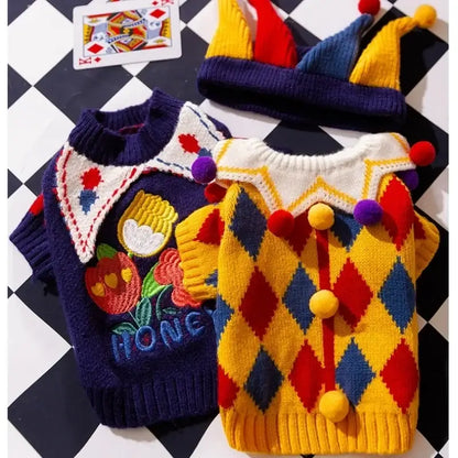 dog sweater with hat set plaid winter pet clothing for small dogs, colorful warm knit costume with pom-poms