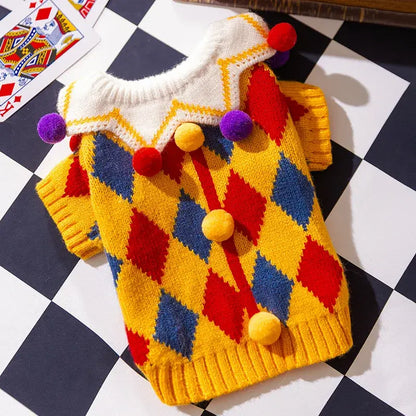 Yellow plaid dog sweater with hat set for Chihuahua and Bichon, warm autumn winter pet clothes with colorful pom poms