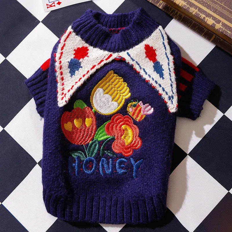 dog sweater with hat set dark blue plaid pet sweater with floral embroidery for small dogs, warm autumn winter clothing