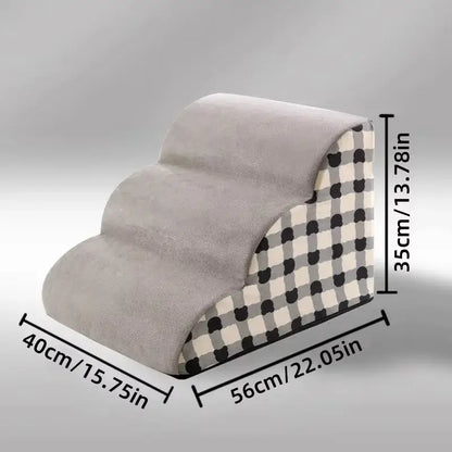 Dog stairs for senior pets with a gray soft surface and checkered pattern, measuring 56cm x 40cm x 35cm.