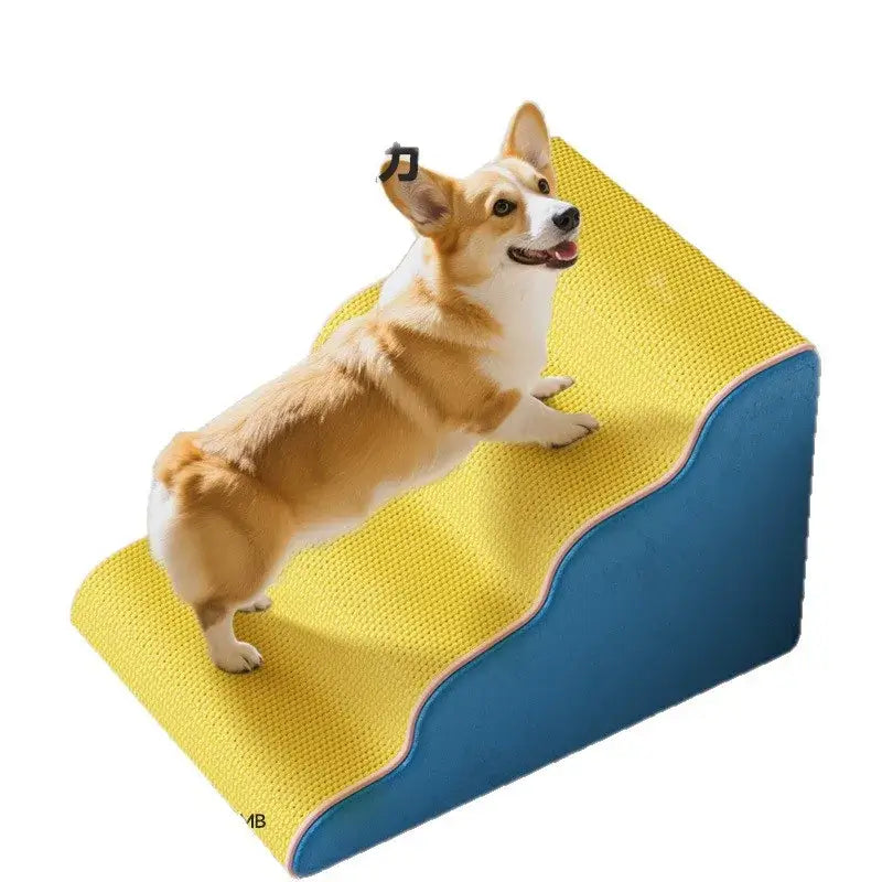 Corgi using a washable dog ramp for small pets to easily access elevated surfaces.