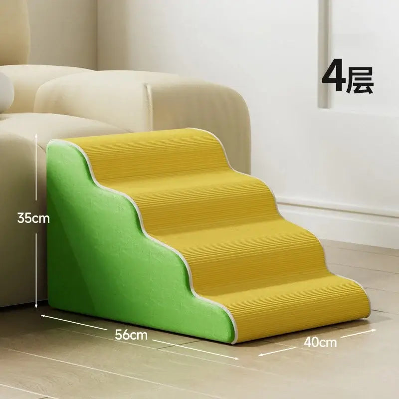 Washable dog ramp for small pets in yellow and green color, designed for easy access to elevated surfaces.