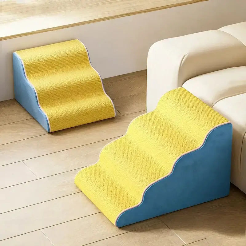 Washable dog ramp for small pets with multi-step design in yellow and blue, perfect for small breeds.
