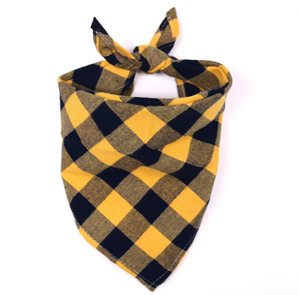 cotton dog bandana yellow plaid scarf with bow tie, soft washable triangular pet bib for dogs and cats