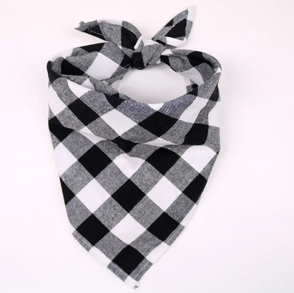 Black plaid cotton dog bandana with bow tie, soft washable triangular scarf for pets