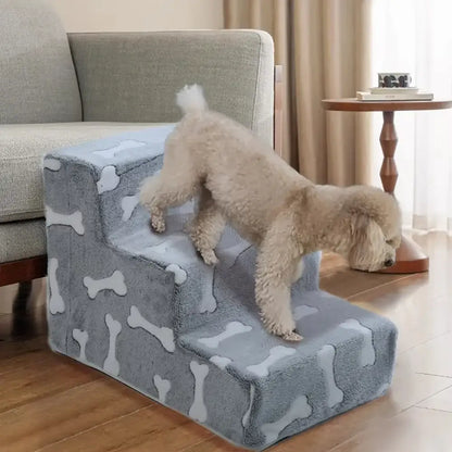 Dog using a safe ramp for medium dogs, designed with bone patterns, for easy access beside the sofa.