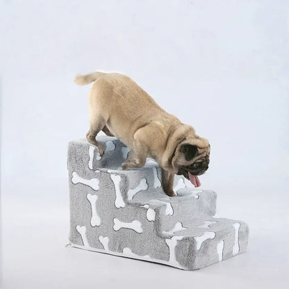 dog on a cozy bone-patterned safety ramp for medium dogs, showcasing the dog safety ramp for medium dogs features.