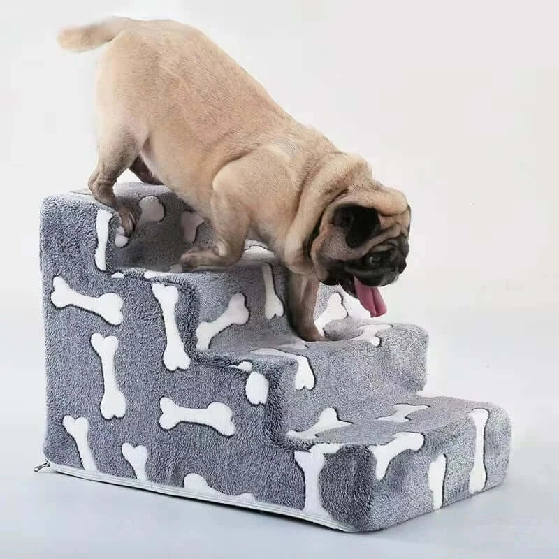 Medium dog using a dog safety ramp for medium dogs, featuring a cozy design with bone patterns.