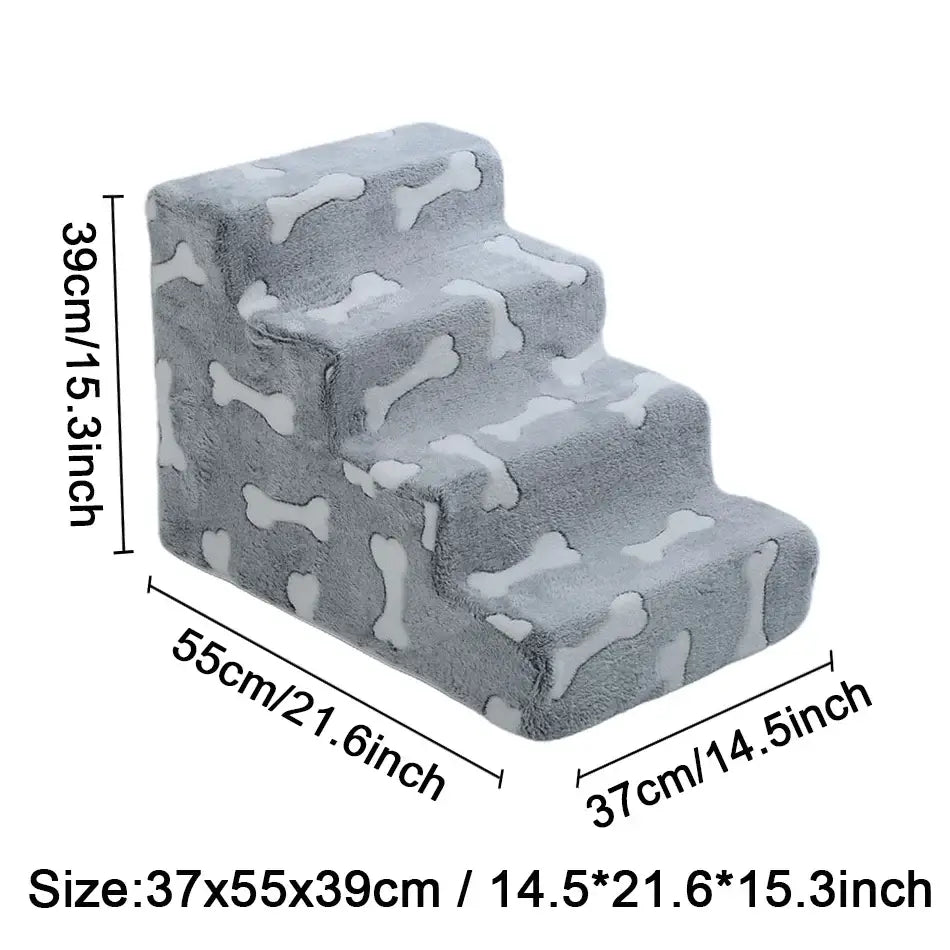 Ladder Dogs safety ramp for medium dogs; pet ramp with bone patterns, 3 steps for elderly dogs beside sofa.