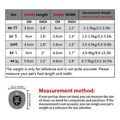Size chart for winter dog boots for small dogs showing dimensions and recommended weights.