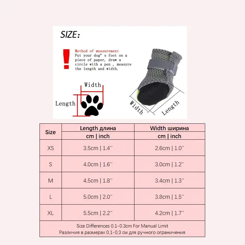 Size chart for winter leopard boots for small dogs, showing measurements for XS to XL.
