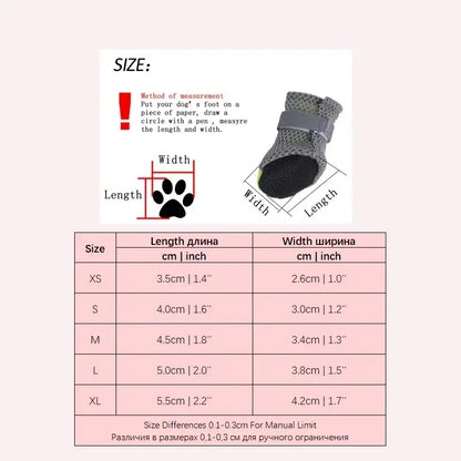 Size chart for winter leopard boots for small dogs, showing measurements for XS to XL.