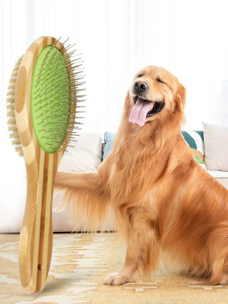Dog Brush Bamboo Dogs Comb Double-sided Dogs Hair Brush Pet Grooming Massage Comb Stainless Steel Dog Hair Remover Pet Supplies