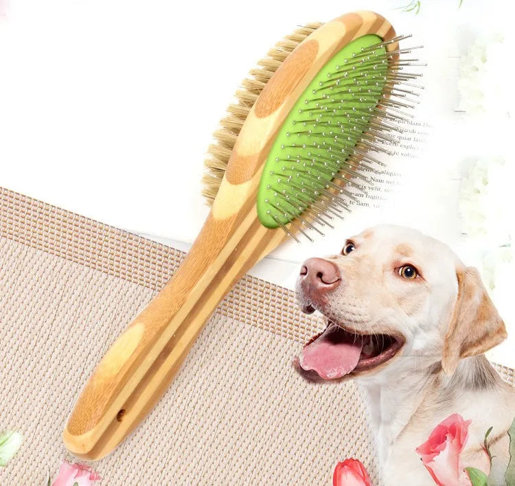 Dog Brush Bamboo Dogs Comb Double-sided Dogs Hair Brush Pet Grooming Massage Comb Stainless Steel Dog Hair Remover Pet Supplies