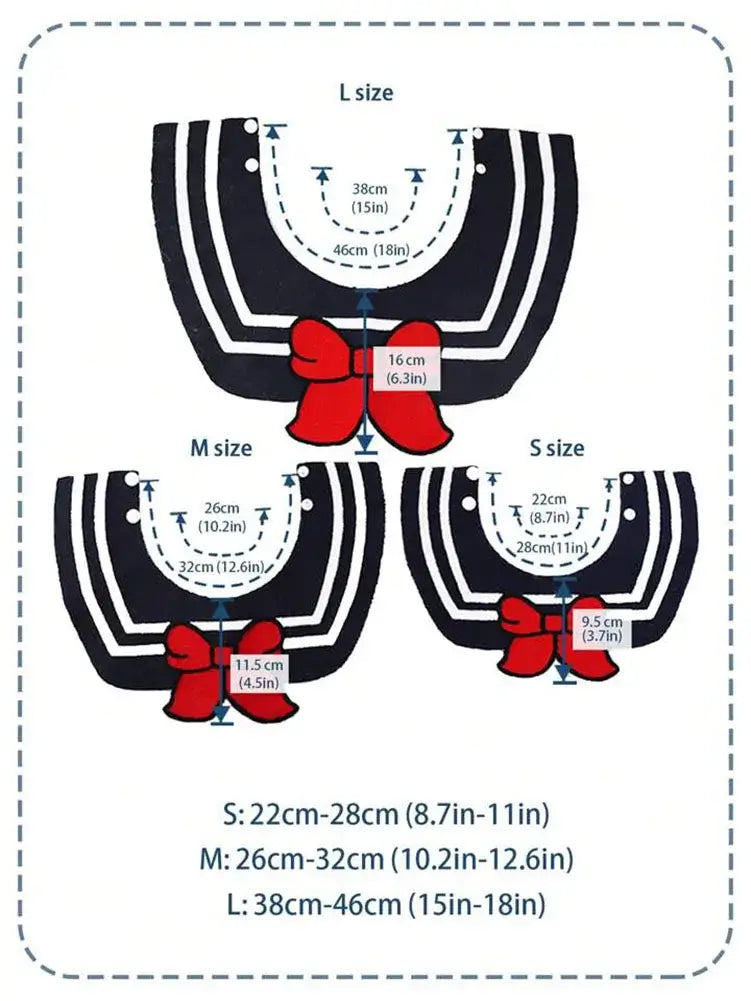 Pet bandana size chart for dogs and cats, black striped triangular neckerchief with red bow in S M L sizes